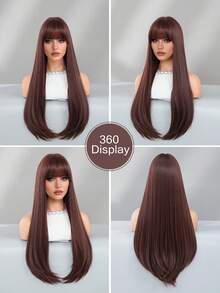 28Inch Extra Long Straight Brown Wigs For Women Elegant Nature Looking Wigs With Full Bangs,High Density Fluffy Synthetic Heat Resistant Fiber Hair,For Beginners Glueless Daliy Party Use - 亞麻棕 - 查看 6