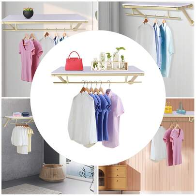 31.49in Long Clothes Rack With Top Shelf, Wall Mounted Garment Rack, Space-Saving Display Hanging Clothes Rack, Heavy Duty Detachable Multi-Purpose Hanging Rod For Closet Storage, Closet Shelf With Hanging Rod For Laundry Room Closet Storage Garage