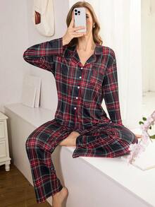 Women's Casual Plaid Print Lapel Button-Front Long Sleeve Pajama Set - Multicolor - View 6
