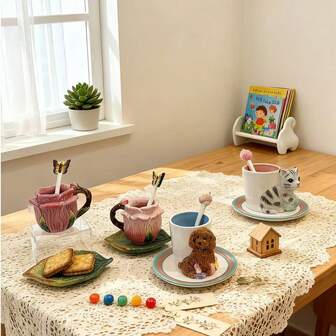 Taza de café expreso de cerámica con escultura 3D de animales lindos y flores, pintada a mano en estilo italiano, 90ml/3oz, accesorio de café para el hogar/oficina/fiesta, decoración de escritorio, regalo