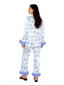 Women's Valentine Bow Print Feather Trim Loungewear Set - Satin Button-Front Pajama Set With Fluffy Cuff Detail For Spring - nơ xanh - Xem 7