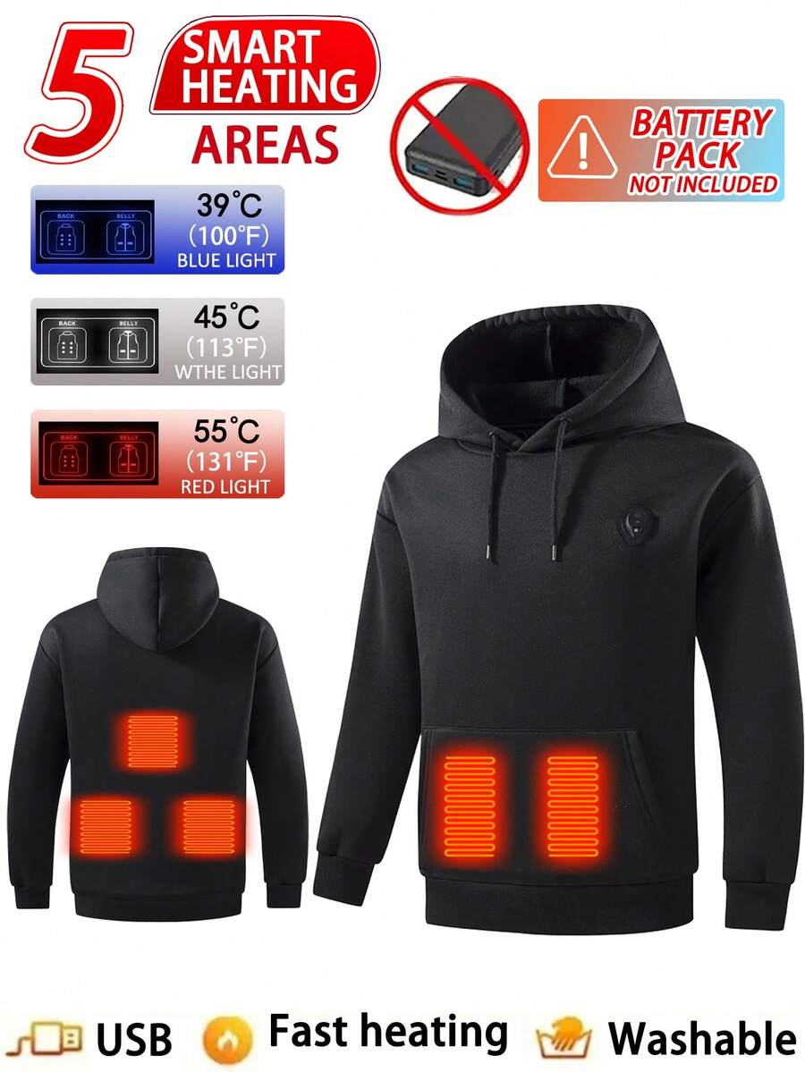 sweat-shirt à capuche casual d'hiver pour hommes, couleur unie, vêtement chauffant à contrôle unique 5 zones