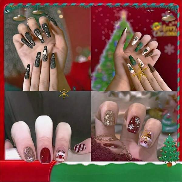 Christmas Themed Nail Stickers, Cute Cartoon Santa Claus & Snowflake Nail Art Decals, Artificial Nails Set, Autumn/Winter