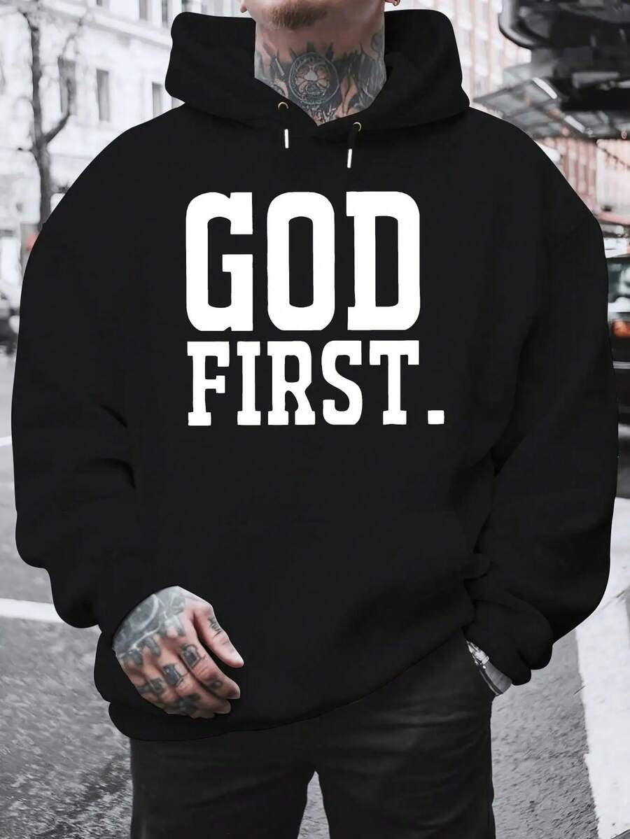 Men's Loungewear Graphic Hoodie For Men "God Ro" - Casual Fleece Sweater With Bold Letter Print, Long Sleeve, Hoodie For Autumn And Winter, Black, Everyday Sweatshirt| Hoodie| Soft Texture, LARGE SIZE, Plus SizeLoose And Comfortable - 黑色 - 查看 1