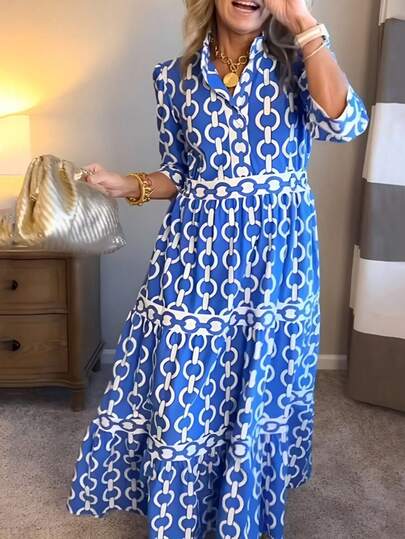 Women's Casual Elegant All-Over Print Button Front Dress