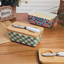 创意乡村风格陶瓷黄油盒，复古家庭厨房奶酪/黄油储存容器，带盖黄油碟，带黄油刀的陶瓷黄油碟，台面黄油罐，黄油容器，家庭厨房的完美礼物