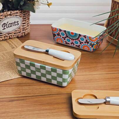 创意乡村风格陶瓷黄油盒，复古家庭厨房奶酪/黄油储存容器，带盖黄油碟，带黄油刀的陶瓷黄油碟，台面黄油罐，黄油容器，家庭厨房的完美礼物