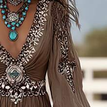 Women's Patchwork Dress With Puff Sleeves & Asymmetric Hem, Western Style Flowy Boho Long Dress For Spring Fall - Coffee - 查看 6