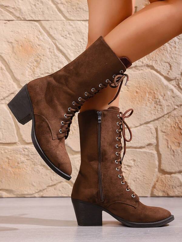 Women's New Fashion Comfortable Pointed Toe Faux Suede Fabric Lace-Up Metal Eyelet Side Zipper Design Western Style Chunky Heel Tall Boots, Suitable For Spring And Autumn Outdoor Casual Versatile Mid-Calf Boots