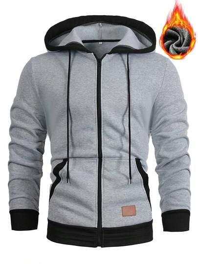 男士拉链连帽衫，撞色设计，保暖内衬，适合秋冬季穿着