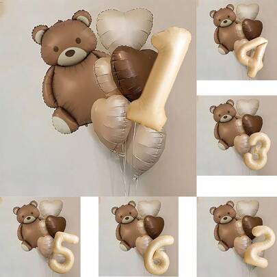 8pcs, 18-Inch Retro Colorful Heart Foil Balloons, Including Cute Brown Bear Balloons, With 32-Inch Caramel Number 1, 2, 3, 4, 5, 6, Suitable For Birthday, Mother's Day, Halloween, Christmas Party Decorations, Also For Home Room Decor, Kids Birthday Decor