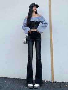 YEAE | 女士黑色喇叭牛仔裤，休闲长款无弹力牛仔裤，带纽扣口袋和拉链细节，春季款 - 黑色 - 查看 3