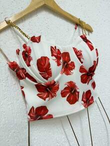 Cropped Top Blouse Thin Strap Chain With Mermaid Cup Fashion Blogger Retro Summer Party Beach Neoprene Suplex Strappy - 紅色多色 - 查看 3