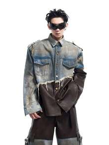 Men's Two-Piece Set, Jeans Vintage Distressed Patchwork Denim Jacket Men's Autumn And Winter Dirty Jacket - Blue - View 6