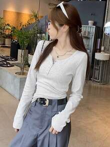 Women's Solid Color Button Front Ribbed Casual Long Sleeve T-Shirt, Spring/Autumn - Grey - View 3