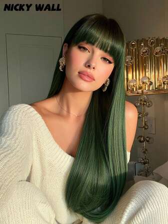 NICKY WALL 28Inch Extra Long Straight Green Wigs For Women Gorgeous Nature Looking Wigs With Full Bangs,High Density Fluffy Synthetic Heat Resistant Fiber Hair,Goth Costume Wig For Anime Cosplay Wear, Music Festival Party Use