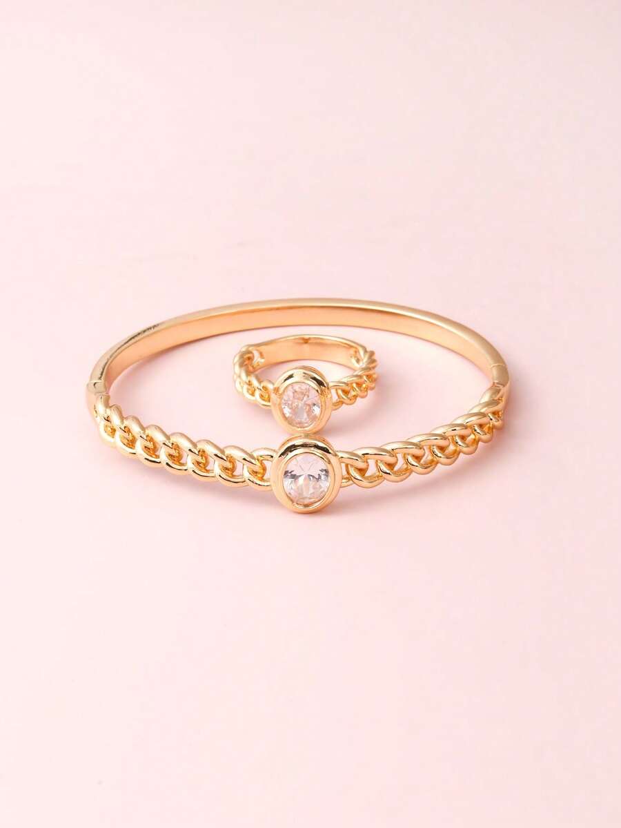 一套女士新款欧美风14K镀金复古微镶双排锆石极简搭扣手链和戒指套装 - 金色 - 查看 1