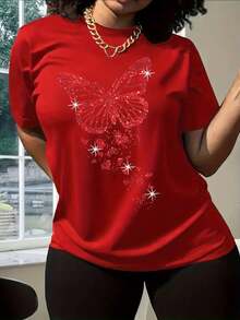 Camiseta Casual de Mujer con Estampado Retro de Mariposa Dorada y Corazón Brillante - Moda Urbana Amarillo Vibrante, Cuello Redondo Manga Corta, Lavable a Máquina para Primavera Verano, Tela No Transparente - Rojo - Ver 2