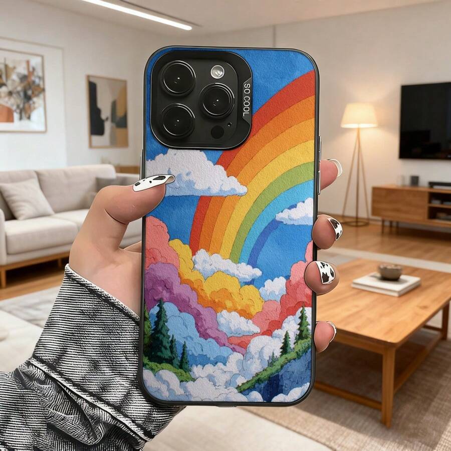 Cubierta de teléfono con diseño de arcoíris y nubes, color azul vibrante, estampado artístico de paisaje mágico con montañas y bosque, ideal para uso diario en interiores y exteriores Carcasa de teléfono de moda de color plata, adecuada para teléfonos Galaxy de apple. - Negro - Ver 1