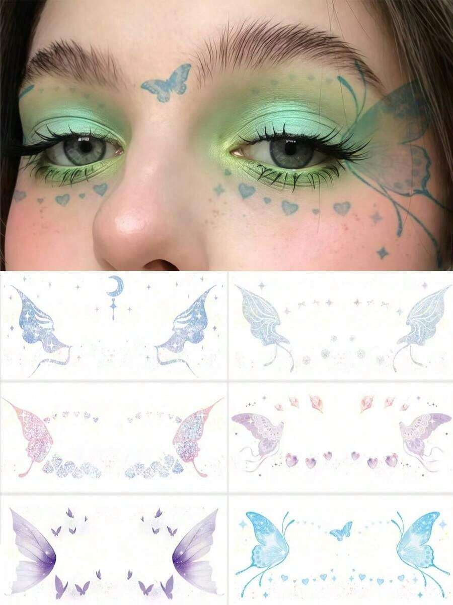 2026 Christmas New Arrivals 6 Sheets Colorful Butterfly Tattoos Waterproof Temporary Eye Cute Glitter Tattoos Stickers For Festival Valentine's Day Halloween Party Prom Date Makeup Accessories Christmas Gift - Nhiều màu 2 - Xem 1
