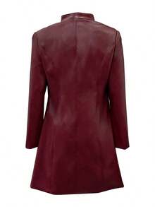 Women's Vintage Contrast Color Collar Leather Jacket, Spring/Autumn - Burgundy - View 2