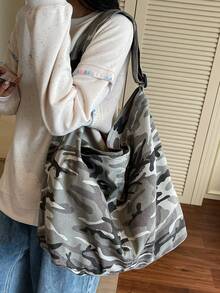 Borsa in tela vintage lavata di colore grigio mimetico di grande capacità, semplice e casual, con chiusura a cerniera, adatta per uso quotidiano, scuola, college, brevi viaggi, stile di strada, borsa a tracolla pieghevole e patchwork, borsa a spalla morbida per campeggio all'aperto