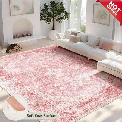 Vintage Pink Velvet Rug - Soft & Comfortable Surface With Distressed Persian Pattern, Non-Slip Bottom Suitable For Living Room, Bedroom, Bathroom Decor, Elegant Boho Farmhouse Style Home Decor, Bathroom Accessories, Living Room Rug, Soft Rug, Non-Slip Mat, Kitchen Doormat, Hallway Carpet, Room Carpet