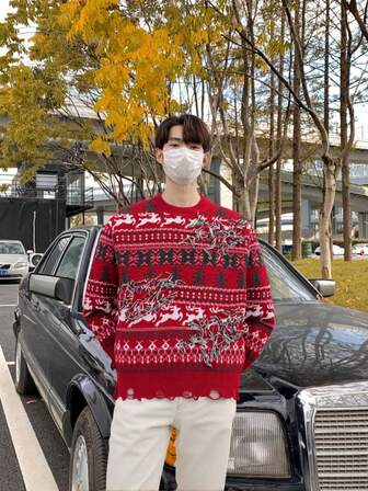 Men's Christmas Sweater Pullover, Red Sweater With Reindeer Pattern 2025 New Style, Worn Tassel