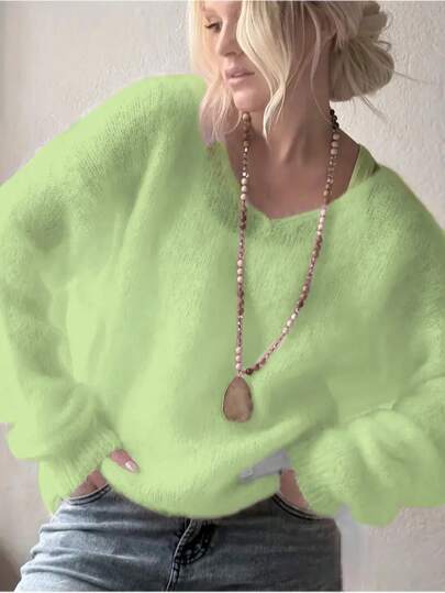 Suéter de mujer de mezcla de mohair esponjoso | Cuello en V rosa polvo para otoño e invierno | Parte superior de punto de hombros caídos suave para clima fresco y comodidad diaria