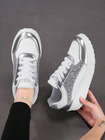Y2K Style Street Style Casual Silver Sequin Women's Shoes, Thick-Soled New Sports Shoes, Breathable Sequin Shoes, Comfortable, Home Shoes, Outdoor Sports Leisure Women's Shoes, Versatile, Simple And Multiple Color Systems, Anti-Slip Wear-Resistant Super Light Sports Shoes, Fashionable Classic Sequin