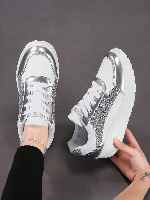 Y2K Glitzer Plateau Chunky Sneaker für Frauen 2025 Neu Silber Patchwork 5cm Höhe erhöhende Sneaker INS Streetwear Lässig Schuhe