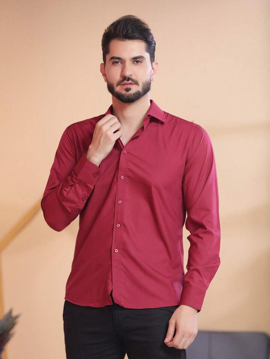 Men's Slim Fit Long Sleeve Dress Shirt - 紅木色 - 查看 1