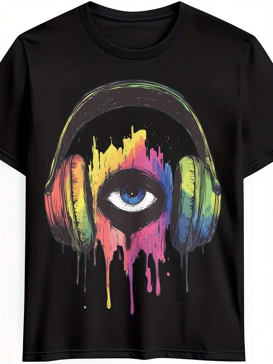 S T-Shirt Headphones Eyes Graphic Tees Cotton Short-Sve Black Casual Tops Fit XXXL - 款式23 - 查看 1