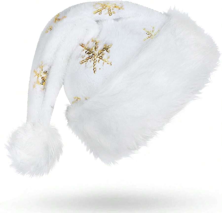 Santa Hat For Adults,White Christmas Hat With Snowflake Fur Plush Xmas Hat For Christmas Holiday Party Dration - 金色 - 查看 1