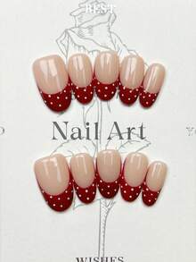 10片手工美甲片，椭圆杏仁尖头款式，按压式美甲，中短长款可选，柔和红色美甲，红色法式美甲，白色波点，简约优雅的手工冬季美甲，秋季按压式美甲，情人节美甲，新年美甲，节日美甲，派对美甲，日常约会美甲，海滩热带度假美甲，DIY假指甲，适合女性和女孩作为礼物，美甲用品 - 紅色 - 查看 5
