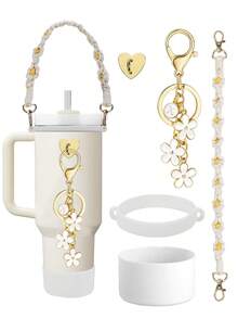 5 件/1 件硅胶保护套、防摔防刮硅胶套、防滑硅胶保护套、配套手工编织运动水壶带、心形自粘挂钩、花朵和 26 个字母吊坠标记、带肩带的瓶架、手工编织挂绳、硅胶支架、适合 8-40 盎司水瓶、耐用防撕裂、适合日常使用、家庭聚会、旅行和派对