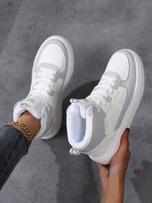 Neue Mode Lässig Damen Sneaker, Schnürung leichte Plateau Lässig Flats Schuhe für Damen, vielseitige High-Top Sportliche Trainingsschuhe Frau - Grau - Übersicht 2
