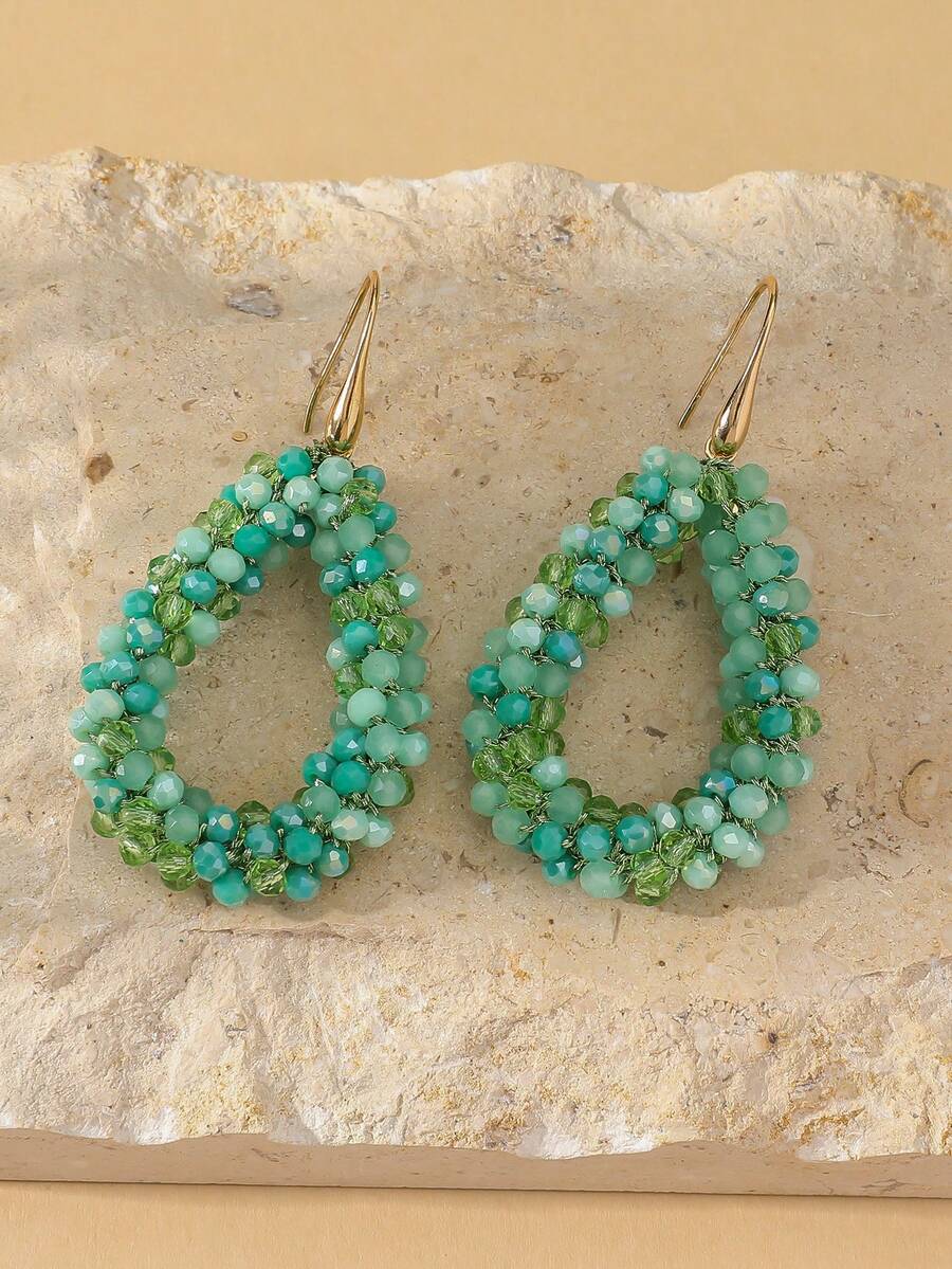 1 Pair Vintage Bohemian Style Handmade Beaded Artificial Crystal & Pearl Earrings, Geometric Hollow Water Drop Design, High-End Mixed Color Stud Earrings, Exaggerated For Banquet, Party, Versatile, Suitable For Daily Wear, Dating, Valentine's Day, Thanksgiving, Christmas Gifts For Friends And Family