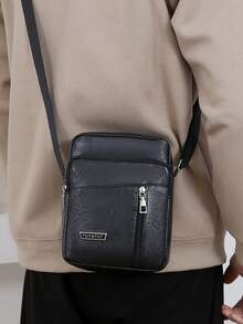 1 件黑色纯色男士单肩斜挎包，时尚休闲通勤背包 - 黑色 - 查看 4