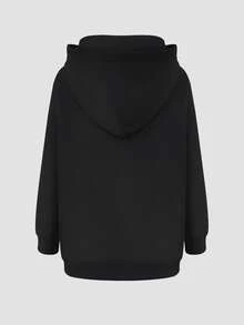 女士宽松拉链连帽夹克，休闲时尚日常通勤校园风，秋冬新品 - 黑色 - 查看 6