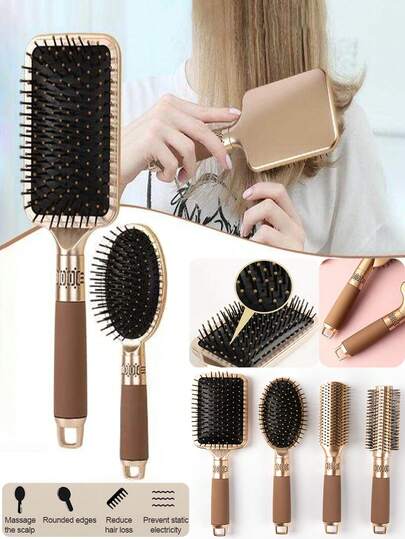 四件套美发梳套装 - 包括气垫梳（方梳、圆梳、平梳和卷发梳）、防静电按摩梳和顺发梳。适用于所有发质（粗硬、卷曲、细软、长发、短发）。男女通用。实用护发及SPA按摩梳。旅行、户外、运动、办公、上学的理想之选。送给妈妈、圣诞节、万圣节、感恩节、生日、情人节的绝佳礼物。