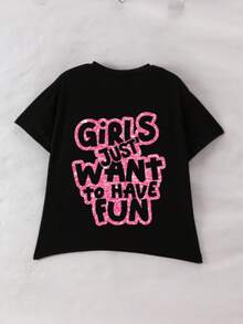 Girls Slogan Print Round Neck Short Sleeve T-Shirt, Casual Tee For Spring/Summer - Black - View 3