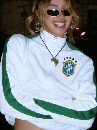 女式秋冬拼色图案印花宽松拉链高领卫衣