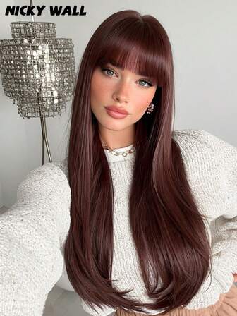 NICKY WALL Peluca larga recta de 28 pulgadas de color marrón para mujeres, peluca elegante y natural con flequillo completo, fibra sintética resistente al calor de alta densidad y esponjosa, adecuada para principiantes sin pegamento para uso diario y de fiesta, apta para todas las mujeres