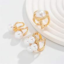 Chunky Rings Set For Women,Vintage Stacking Imitation Pearl Rings Pack, Dainty Adjustable Open Knuckle Hollow Twisted Round Signet Finger Ring Minimalist Statement2025 - A-3 chiếc - Xem 8