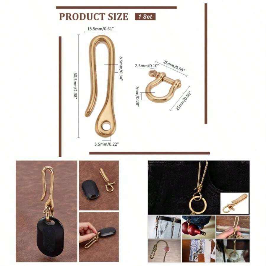 2 Sets Fish Hook Key Chains, Antique Bronze Key Rings, Wallet Clip Belt, Solid U - Shaped Key Chain, Belt Key Ring Pocket Clip With Key Fob Heavy Duty Car Key Chain - Length-2.3" + Golden - View 1