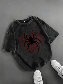 DYE DOODLE  1PC [Spider Print T-Shirt] Fun Spider Print Women's Casual Fashion T-Shirt| Washed And Distressed Summer Outfits Men Shirts - 黑色 - 查看 1