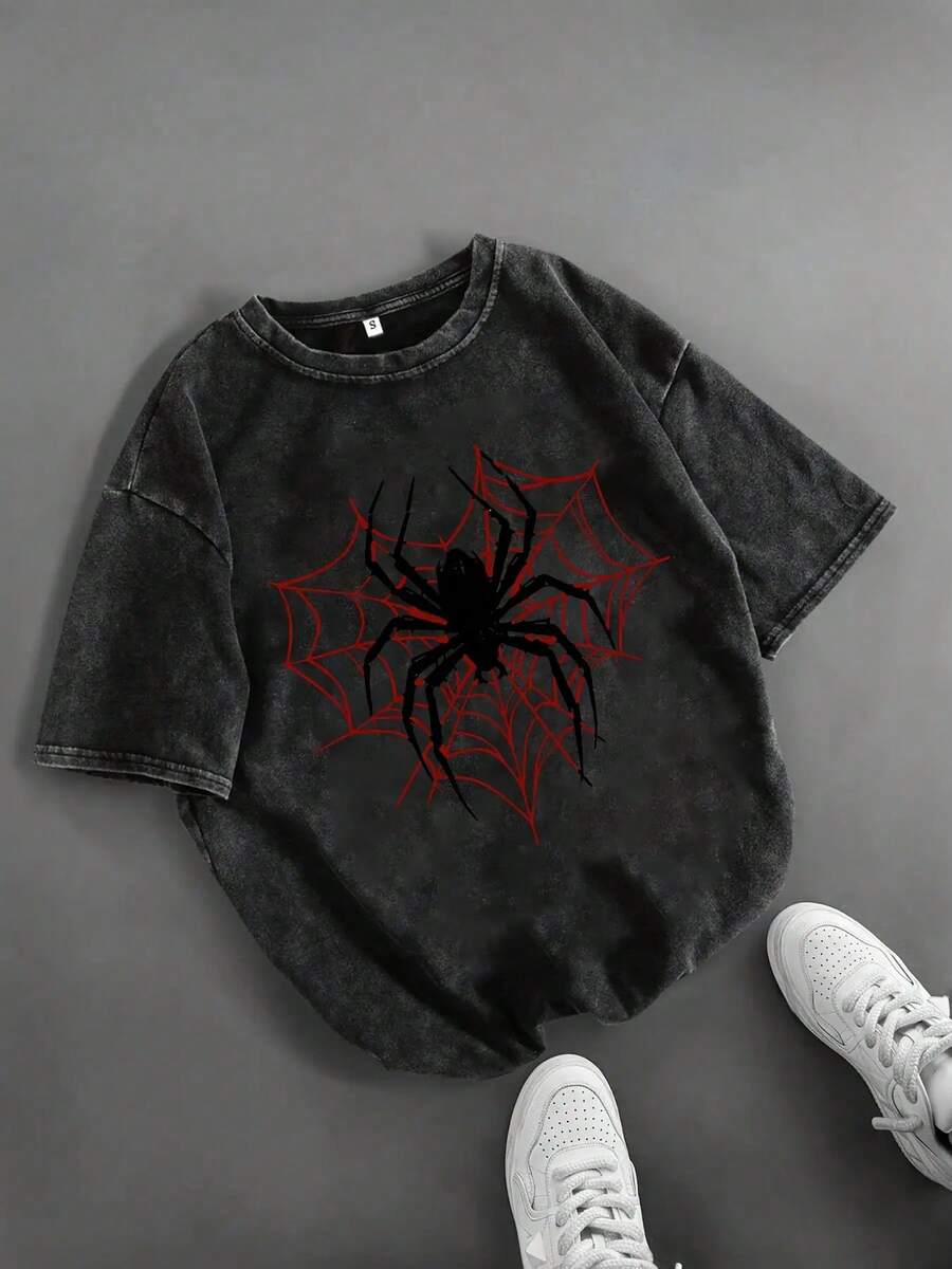 DYE DOODLE  1PC [Spider Print T-Shirt] Fun Spider Print Women's Casual Fashion T-Shirt| Washed And Distressed Summer Outfits Men Shirts - 黑色 - 查看 1