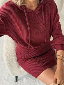Women's Fall Mini Knit Dress Long Sleeve Solid Color Hood Dress Casual Slim Fit Dress - 酒紅色 - 查看 5