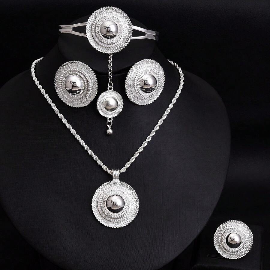 African Golden Color Jewelry Set, Luxury Party Jewelry For Women, Geometric Round Pendant Necklace, Ring, Earrings, Bracelet, Headchain, Middle East Bride Wedding Jewelry Gift Set